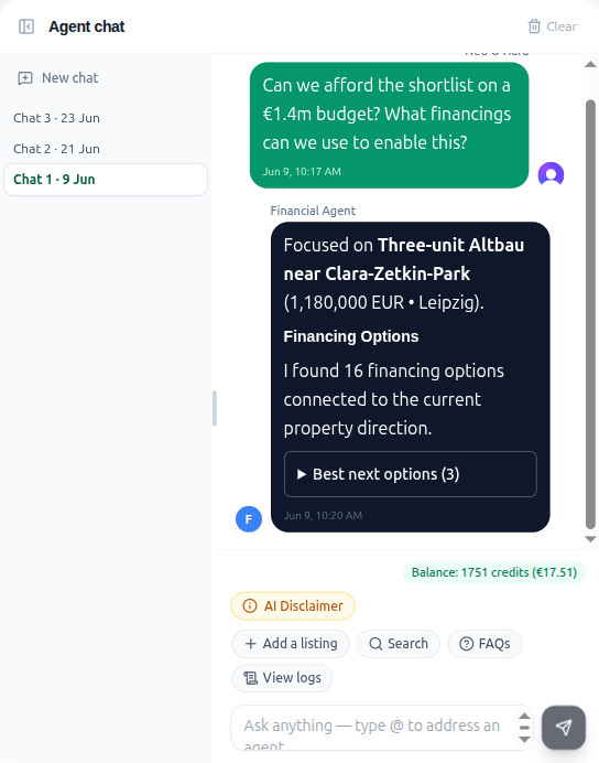 Agent chat: the financial agent focuses on a shortlisted Leipzig property and surfaces 16 financing options