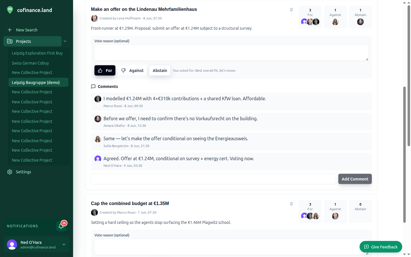 A group decision with for/against/abstain votes and a comment thread discussing an offer on a Leipzig building