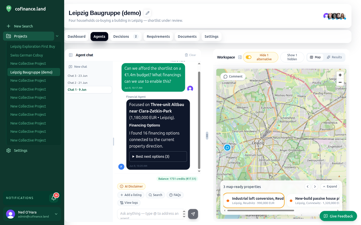 Project workspace with agent chat beside an interactive map of Leipzig showing map-ready properties